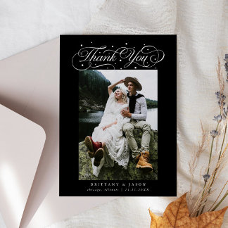 Carte De Remerciements Elegant Script Typography Dots Wedding Photo Black