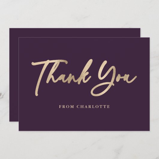 Carte De Remerciements Élégant Script violet et or (Devant / Derrière)