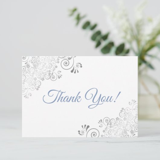Carte De Remerciements Elégant Silver Frills Dusty Blue sur Mariage blanc (Debout devant)