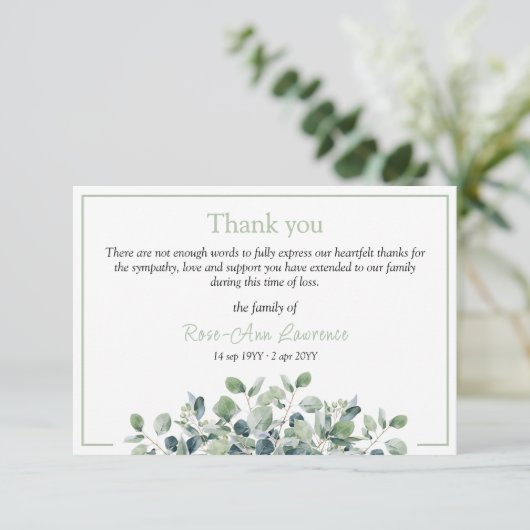 Carte De Remerciements Élégant simple eucalyptus vert sympathie funéraire (Debout devant)
