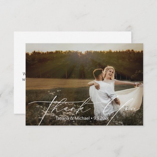 Carte De Remerciements élégant simple script blanc mariage photo (Devant / Derrière)