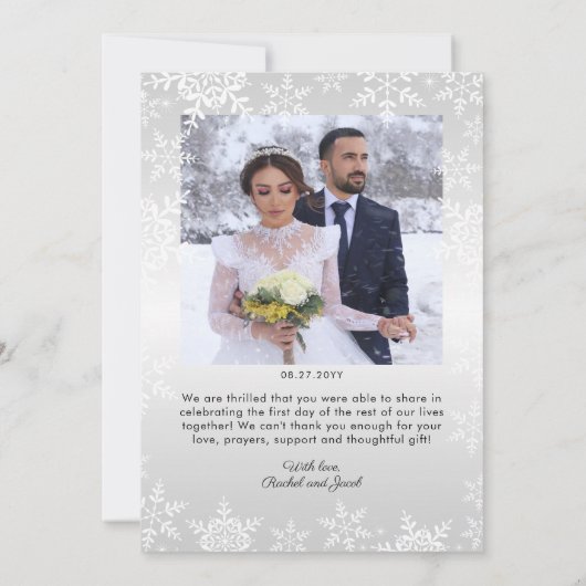 Carte De Remerciements Élégant Snowflakes & Script Mariage hivernal 2 pho (Dos)