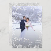 Carte De Remerciements Élégant Snowflakes & Script Mariage hivernal 2 pho (Devant / Derrière)