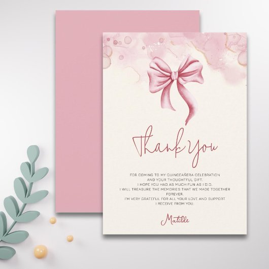 Carte De Remerciements Elegant Soft Pink Bow Quinceanera