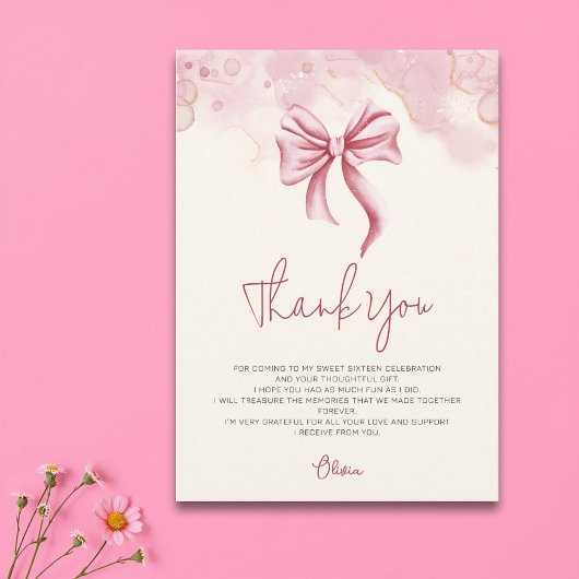 Carte De Remerciements Elegant Soft Pink Bow Sweet 16