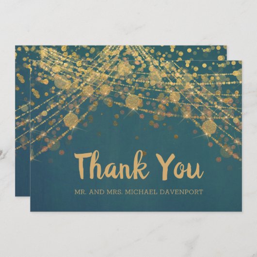 Carte De Remerciements Élégant Turquoise or String éclaire Bokeh Mariage (Devant / Derrière)