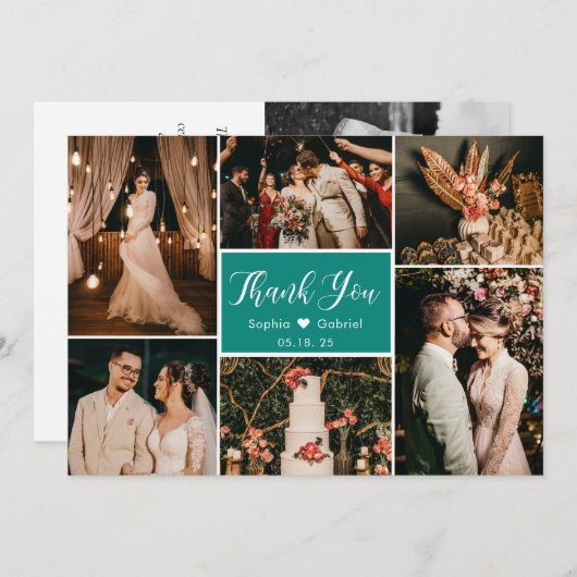 Carte De Remerciements Élégant Vert Blanc Mariage Multiphoto Collage La (Devant / Derrière)