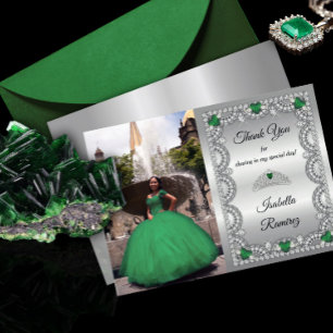 Carte De Remerciements Élégant vert émeraude Diamond Crown Quinceañera