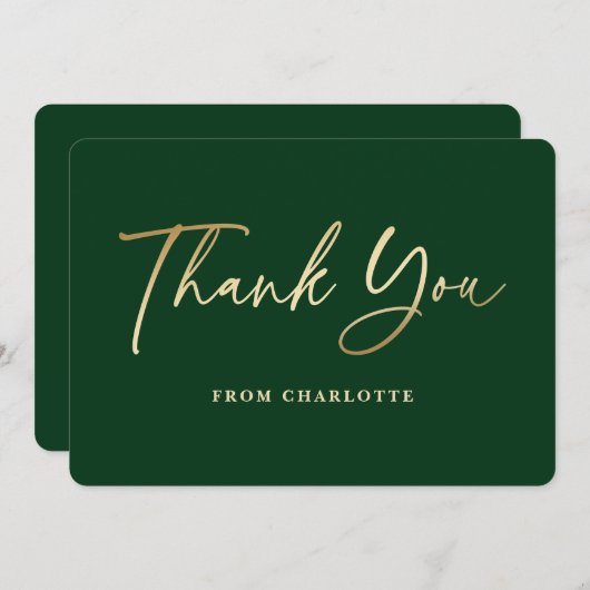 Carte De Remerciements Elégant Vert et Or (Devant / Derrière)