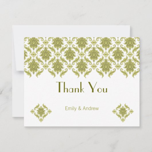 Carte De Remerciements Elégant vert olive Mariage damassé Floral (Devant)
