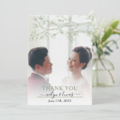 Carte De Remerciements Elégant vert sauge, fleurs blanches photo mariage (Debout devant)