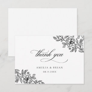 Carte De Remerciements Élégant Vintage Floral noir blanc Script Mariage