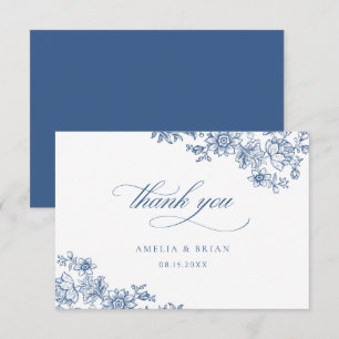Carte De Remerciements Élégant Vintage Floral Royal Blue Script Mariage