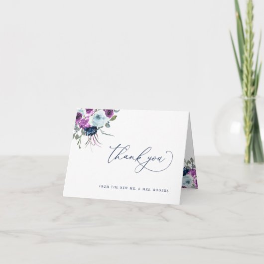 Carte De Remerciements Élégant violet et Mariage floral bleu plié (Devant)