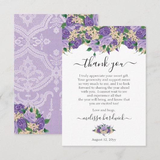 Carte De Remerciements Élégant violet floral | Lace Anniversaire (Devant / Derrière)