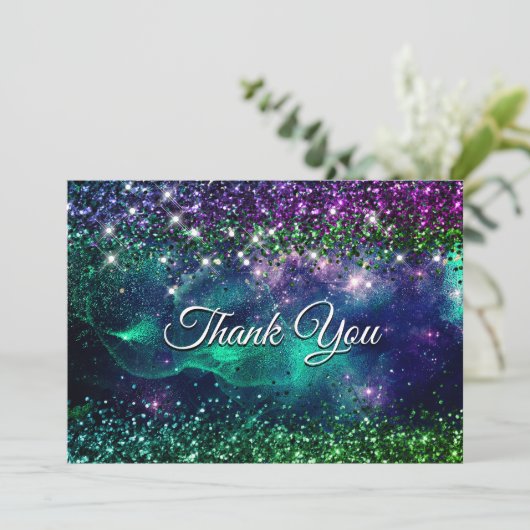 Carte De Remerciements Élégant violet foncé vert faux parties scintillant (Debout devant)