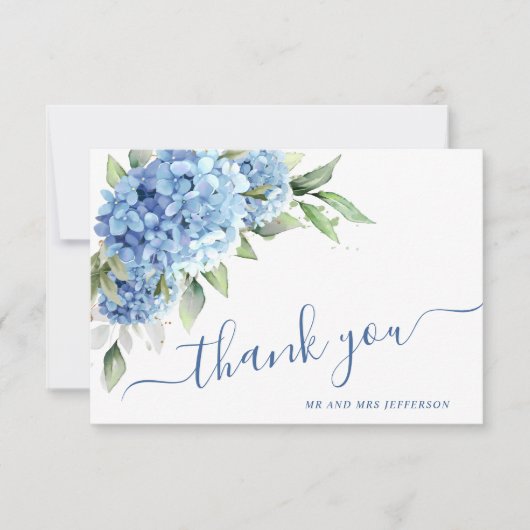 Carte De Remerciements Elégante aquarelle Bleu Hydrangée Fleurs Simple (Devant)