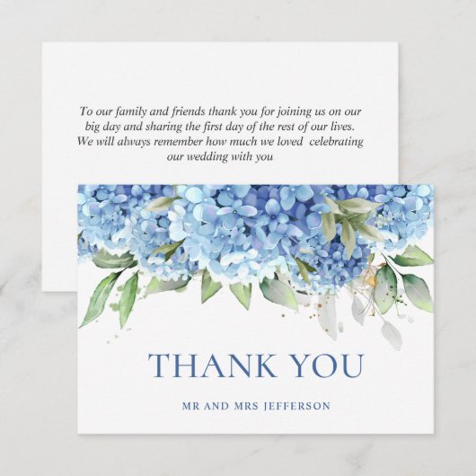 Carte De Remerciements Elégante aquarelle Bleu Hydrangée Fleurs Simple (Devant / Derrière)