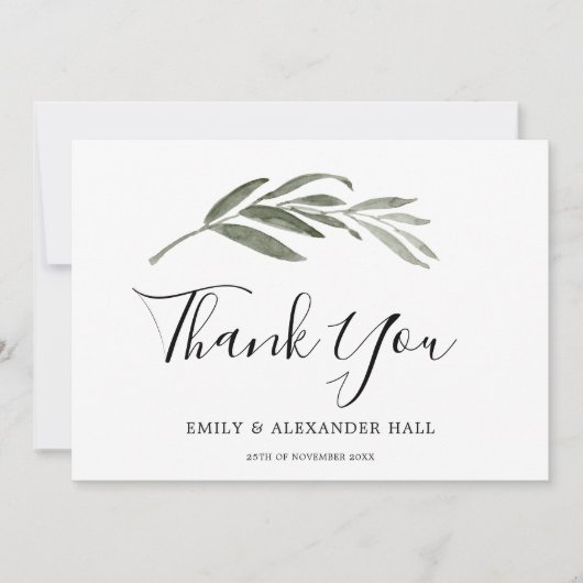 Carte De Remerciements Elégante aquarelle Feuille verte Mariage moderne (Devant)