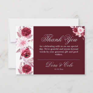 Carte De Remerciements Elégante aquarelle Floral Blush Bourgogne Mariage