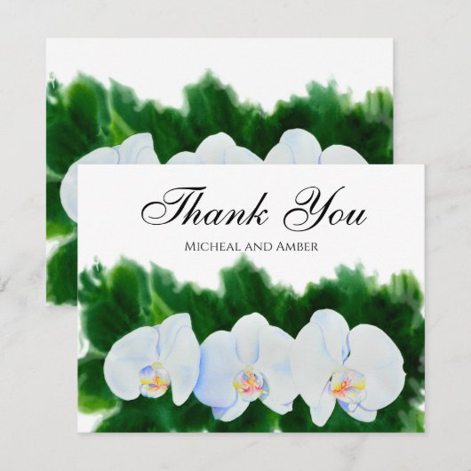 Carte De Remerciements Elégante aquarelle orchidée blanche (Devant / Derrière)