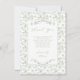 Carte De Remerciements Elégante Baby Shower Fleurs Vintage Ruban Vert Sau