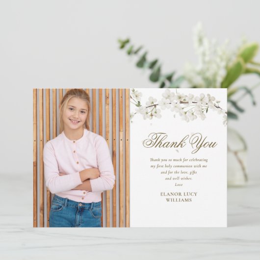 Carte De Remerciements Élégante Blossom Blanc Première Sainte Communion P (Debout devant)