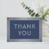 Carte De Remerciements Elégante Bordure Classique Bleue et Argent Marine (Debout devant)