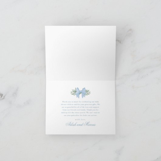 Carte De Remerciements Elégante Bow Bleue avec Baby shower Garçon Vert (Intérieur)