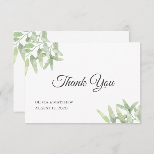 Carte De Remerciements Élégante Branche D'Olivier. Mariage simple botaniq (Devant / Derrière)