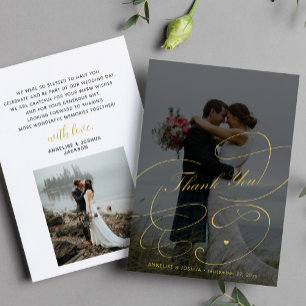 Carte De Remerciements Elégante calligraphie or 2 photos chic mariage