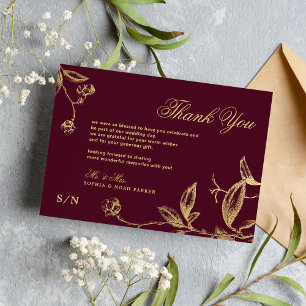 Carte De Remerciements Élégante calligraphie or floral bordeaux mariage