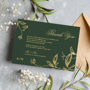 Carte De Remerciements Élégante calligraphie or mariage vert floral