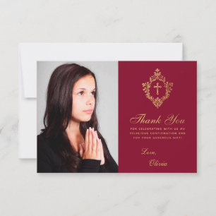 Carte De Remerciements Élégante Confirmation Girl Burgundy Faux Gold Cres
