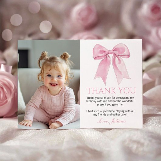 Carte De Remerciements Élégante Coquette Bow Rose Photo Anniversaire