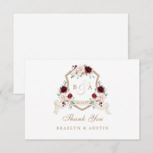 Carte De Remerciements Élégante crête Mariage Bourgogne Florale Broussail