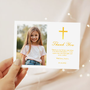 Carte De Remerciements Elégante Croix d'or Filles Première communion