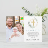 Carte De Remerciements Elégante Croix d'or Verdure Photo Collage Baptême (Debout devant)