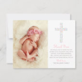 Carte De Remerciements Elégante Croix rose florale Baby Girl Baptism Phot (Devant)