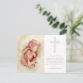 Carte De Remerciements Elégante Croix rose florale Baby Girl Baptism Phot (Debout devant)