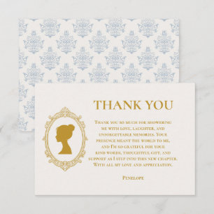 Carte De Remerciements Élégante Douche de Mariée Bleue et Or Damassé