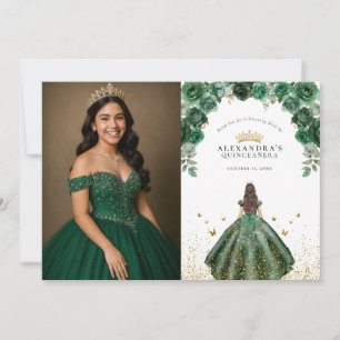 Carte De Remerciements Elégante Emerald Quinceañera Floral Faux Foil Phot