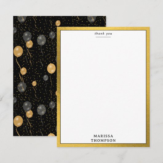 Carte De Remerciements Élégante Fête de Ballons Noirs et Dorés (Devant / Derrière)