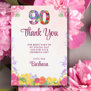 Carte De Remerciements Elégante Fleur 90ème anniversaire / 90 ans