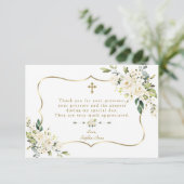 Carte De Remerciements Elégante Fleurs Blanches Gold Frame Girl Baptism (Debout devant)