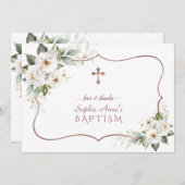 Carte De Remerciements Elégante Fleurs Blanches Rose Gold Frame Baptême (Devant / Derrière)