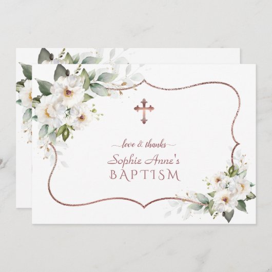 Carte De Remerciements Elégante Fleurs Blanches Rose Gold Frame Baptême (Devant / Derrière)