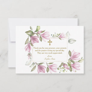 Carte De Remerciements Élégante Fleurs de Magnolia Rose Wreath Gold Bapti