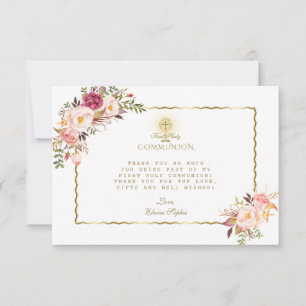 Carte De Remerciements Élégante Fleurs rouges roses Or Première Sainte Co