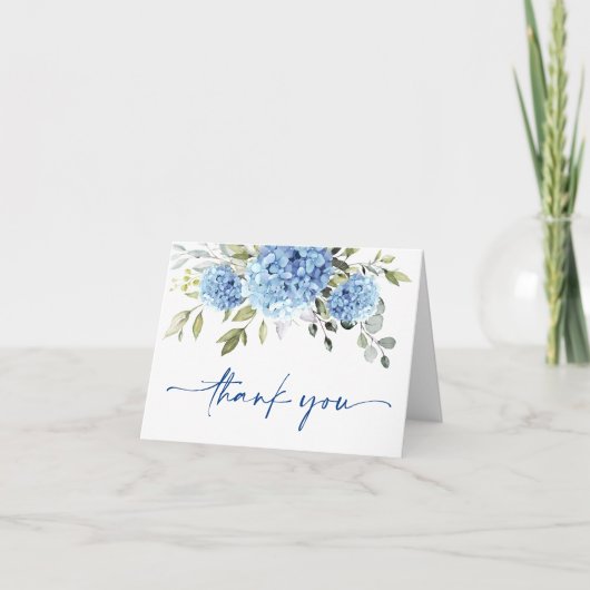 Carte De Remerciements Elégante Hydrangée Bleue Eucalyptus Fleurs Simple (Devant)